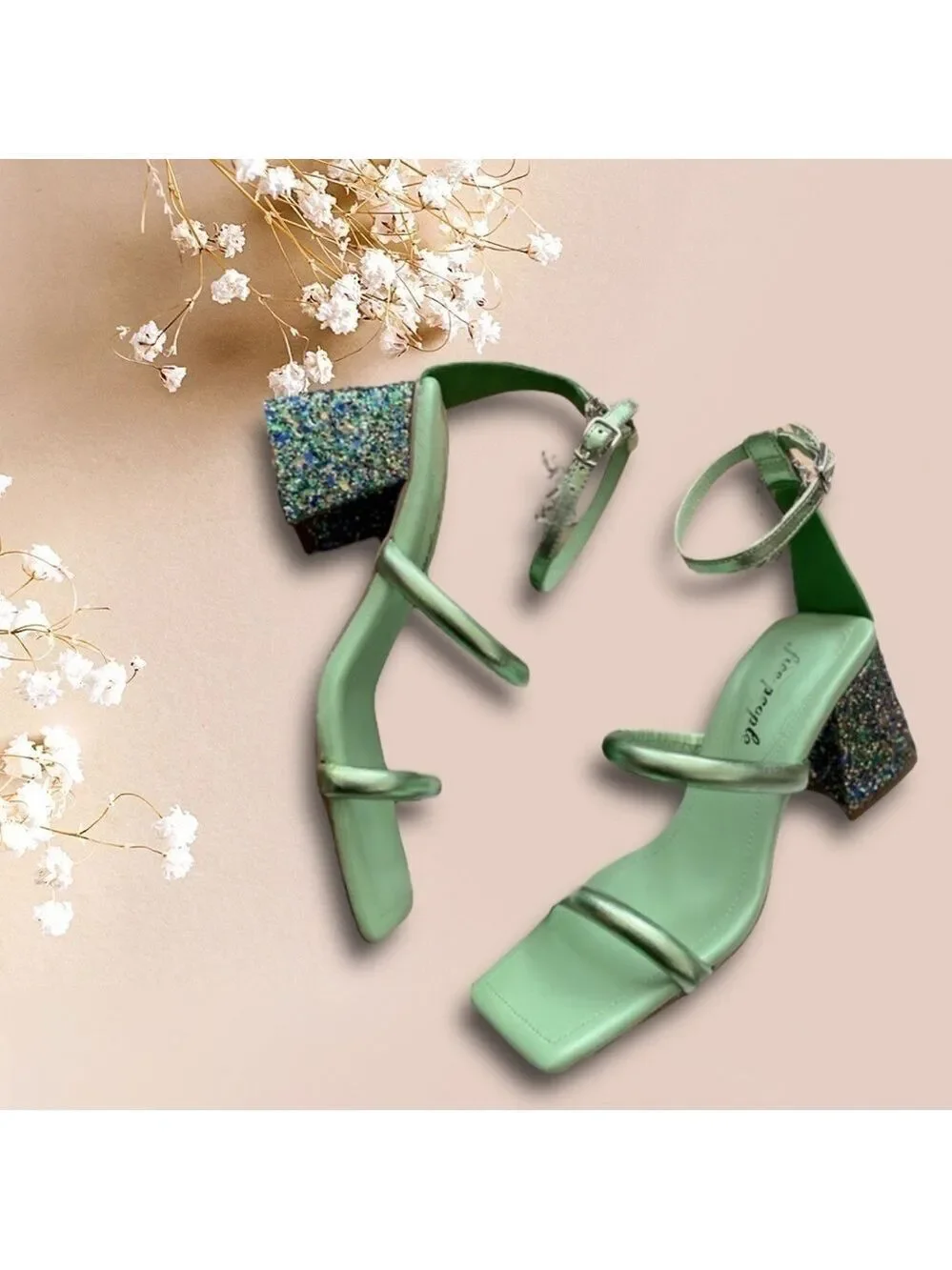 Free People Parker Silver Chain Heels Green Lime Metallic Sz 39